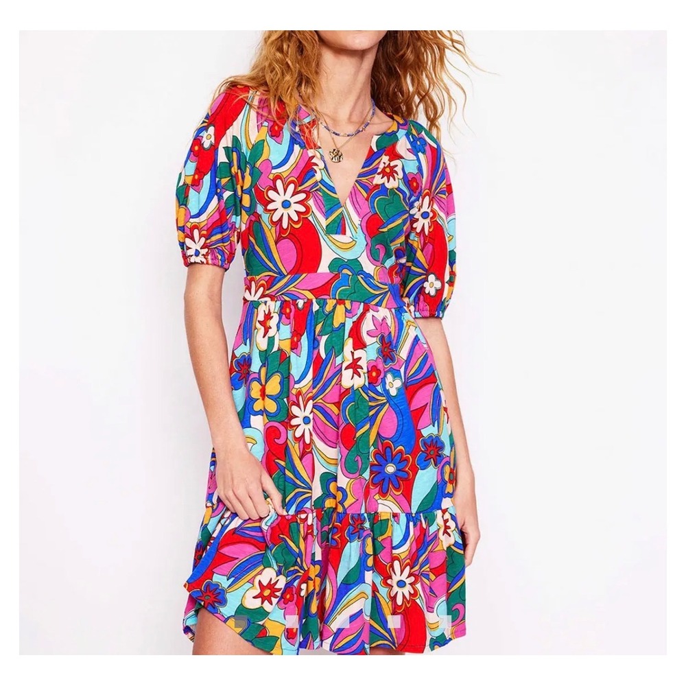 Boden Jersey Mini Dress Psychedelic Floral Womens 14L Multi Retro Mod